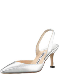 Manolo Blahnik Carolyne Napa Mid Heel Halter Metallic Silver