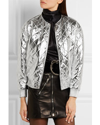 Saint Laurent Quilted Metallic Leather Bomber Jacket Silver
