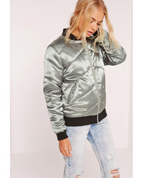 Missguided Satin Quilted Bomber Jacket Metallic Green