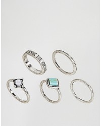Asos Pack Of 5 Turquoise Etched Stone Rings