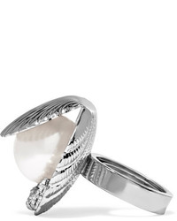 Miu Miu Silver Tone Faux Pearl And Crystal Ring