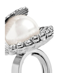Miu Miu Silver Tone Faux Pearl And Crystal Ring