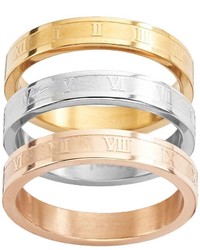 Steel City Stainless Steel Tri Tone Roman Numeral Stack Ring Set