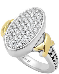 Lagos Sterling Silver Caviar 18k Gold Oval Pave Diamond Ring