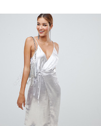 Boohoo Hammered Satin Midi Wrap Dress In Silver