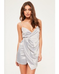 Missguided Petite Grey Satin Wrap Mini Dress