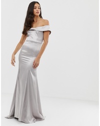 Dolly & Delicious Bardot Maxi Dress With Fishtail In Silver Satin