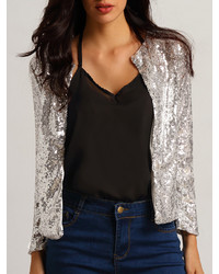With Sequined Slim Silver Blazer