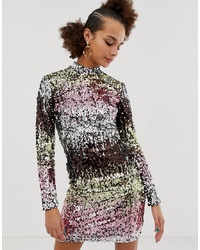 New Look Long Sleeve Bodycon Dress In Multicoloured Sequin