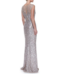 Jenny Packham Beaded Sequined Gown Silvernude