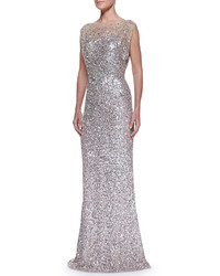 Jenny Packham Beaded Sequined Gown Silvernude