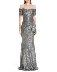 Badgley Mischka Collection Bow Detail Sequin Off The Shoulder Gown