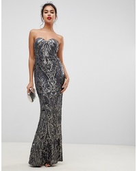 Bariano Embellished Patterned Sequin Sweetheart Bandeau Maxi Dress In Charcoal