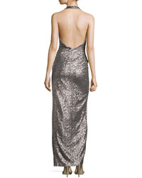 Halston Heritage Sequined Halter Gown With Front Slit