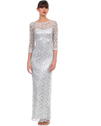 Kay Unger New York Long Beaded Lace Sheath Gown In Silver