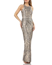 JS Collections Metallic Embroidered Halter Gown