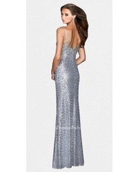 La Femme Metallic Sheer Strap Sequin Prom Dress