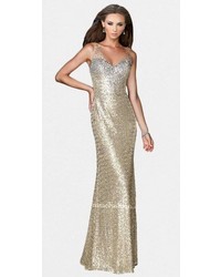 La Femme Metallic Sheer Strap Sequin Prom Dress