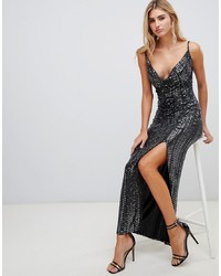Missguided Sequin Cowl Neck Maxi Dress With Side Split In Black