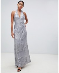 TFNC Sequin Maxi Dress With Open Back In Silver