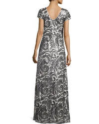 Donna Morgan Simone Short Sleeve Sequined Scroll A Line Gown