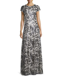 Donna Morgan Simone Short Sleeve Sequined Scroll A Line Gown