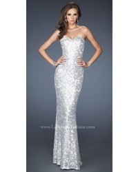 La Femme Strapless Brocade Sequined Metallic Prom Dress