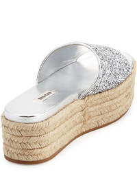 Miu Miu Glitter Platform Espadrille Slide Sandal Argento