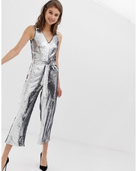 Warehouse Jumpsuit In Silver Sequin