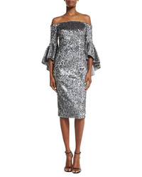 Milly Off The Shoulder Sequined Cocktail Dress Gunmetal