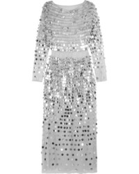 ALEXACHUNG Paillette Embellished Swiss Dot Tulle Midi Dress Silver