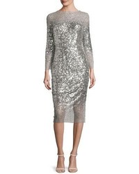 Monique Lhuillier Sequined 34 Sleeve Illusion Midi Dress Silver