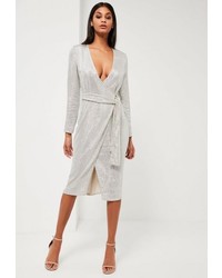 Missguided Silver Sequin Long Sleeve Wrap Midi Dress