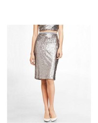 Express High Waist Sequined Midi Skirt Silver 8