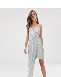 TFNC Super Mini Dress With Asymmetric Hem In Silver Iridescent