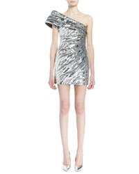Saint Laurent One Shoulder Pleated Metallic Mini Dress Silver