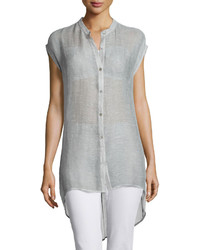 Eileen Fisher Sleeveless Button Front Mesh Shirt Silver Plus Size