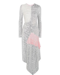 Preen by Thornton Bregazzi Meda Silk Chiffon Trimmed Sequined Stretch Jersey Midi Dress Silver