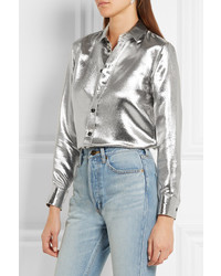 Saint Laurent Silk Blend Lam Shirt Silver