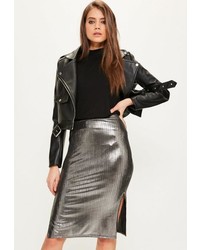 Missguided Silver Metallic Split Side Midi Skirt