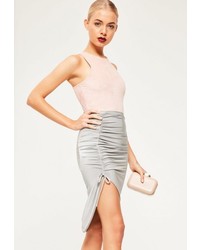 Missguided Silver Slinky Ruched Side Midi Skirt