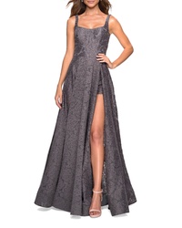 La Femme Front Slit Lace Evening Dress