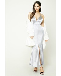 Selena Gomez, White Dress, Satin, Louis Vuitton Dress, Silvery Grey  Sandals, Quilted, Crepe, Thigh High Side Slit, Straps, Deep Sweetheart  Neckline, Flowing, Flaunt, Maxi, Belted, Sexy