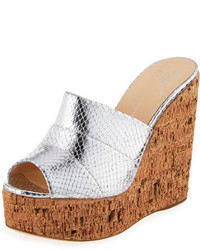 Silver Snake Leather Wedge Sandals