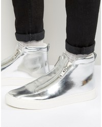 Asos Zip Sneakers In Silver Metallic With Chunky Sole