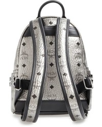 MCM Small Stark Studded Coated Canvas Leather Backpack Metallic