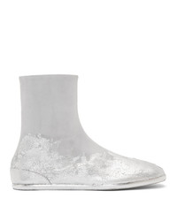 Maison Margiela Off White And Silver Foil Suede Flat Tabi Boots