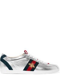 Gucci Suede Trimmed Metallic Leather Sneakers Silver