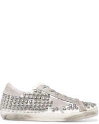 Golden Goose Deluxe Brand Super Star Studded Distressed Leather Paneled Suede Sneakers Silver