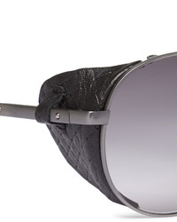 Bottega Veneta Aviator Style Leather Trimmed Titanium Sunglasses